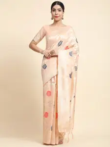 VANAKARA Peach-Coloured Floral Zari Linen Blend Banarasi Saree