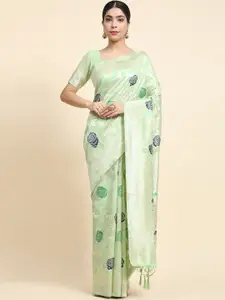 VANAKARA Green Floral Zari Linen Blend Banarasi Saree