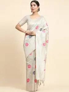 VANAKARA Grey Floral Zari Linen Blend Banarasi Saree