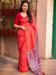 STAVA CREATION Red Ajrak Block Silk Blend Designer Bandhani Saree