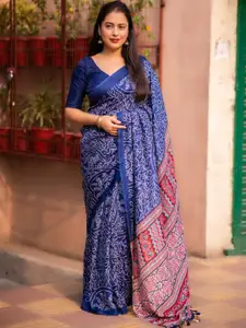 STAVA CREATION Blue Ajrak Block Silk Blend Designer Bandhani Saree