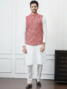 See Designs Mandarin Collar Pure Cotton Kurta with Pyjama & Woven Design Nehru jacket