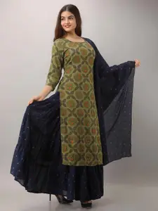 KALINI Women Green Ethnic Motifs Printed Regular Sequinned Kurta with Skirt & With Dupatta
