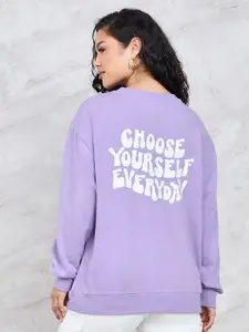 Styli Purple Typography Printed Drop Shoulder Sleeves Cotton Sweatshirt