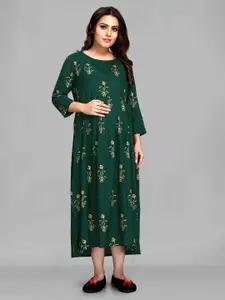 MAIYEE Floral Printed Round Neck Maternity Fit & Flare Maxi Ethnic Dress