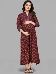 MAIYEE Floral Printed Mandarin Collar Pure Cotton Maternity Fit & Flare Ethnic Dress