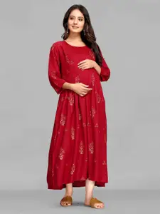 MAIYEE Floral Printed Pure Cotton Maternity A-Line Midi Dress