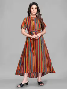 MAIYEE Striped Mandarin Collar Short Sleeves Tie-Ups Fit & Flare Midi Ethnic Dress