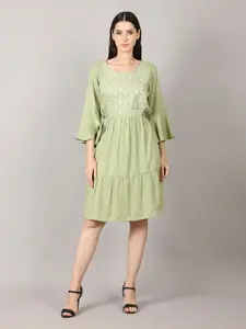 MAIYEE Ethnic Motifs Embroidered Bell Sleeve Tiered A-Line Dress