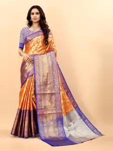 NIWAA Orange & Blue Floral Zari Pure Silk Banarasi Saree