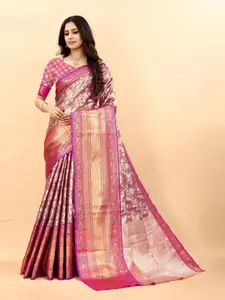 NIWAA Brown & Pink Floral Zari Pure Silk Banarasi Saree