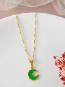 DressBerry Gold-Toned & Green Gold-Plated Crescent Shaped Enamelled Pendant with Chain
