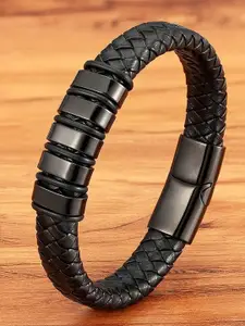 Fashion Frill Men Black Leather Silver-Plated Wraparound Bracelet