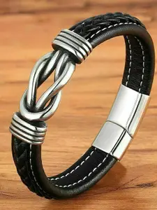 Fashion Frill Men Black Leather Silver-Plated Wraparound Bracelet