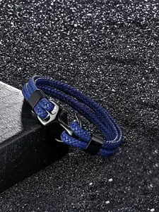 Fashion Frill Men Blue Leather Silver-Plated Wraparound Bracelet