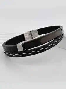 Fashion Frill Men Black Silver-Plated Wraparound Bracelet