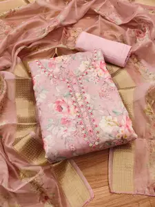 Panzora Pink Printed Organza Unstitched Dress Material