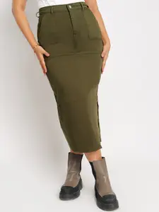 FREAKINS Olive Green Pure Cotton Pencil Midi Skirts