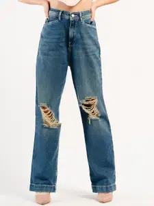 FREAKINS Women Straight Fit High-Rise Slash Knee Heavy Fade Cotton Jeans