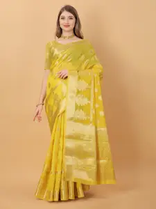 NIWAA Yellow & Gold-Toned Floral Zari Organza Banarasi Saree