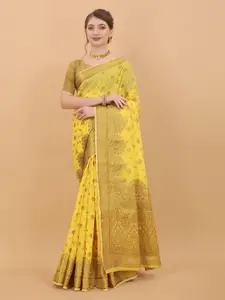 NIWAA Yellow & Copper-Toned Floral Zari Banarasi Saree