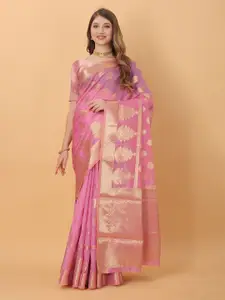 NIWAA Pink & Gold-Toned Floral Zari Organza Banarasi Saree