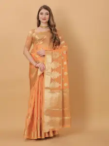 NIWAA Orange & Gold-Toned Floral Zari Organza Banarasi Saree