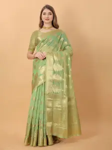 NIWAA Green & Gold-Toned Floral Zari Organza Banarasi Saree