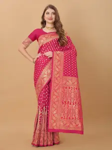 NIWAA Pink & Gold-Toned Paisley Zari Silk Blend Kanjeevaram Saree