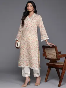 Varanga Off White Ethnic Floral Printed V Neck Flared Sleeves Lace Pure Cotton Kurta