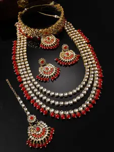 Sukkhi Gold-Plated AD-Studded & Beaded Necklace and Earrings With Maang Tika Set