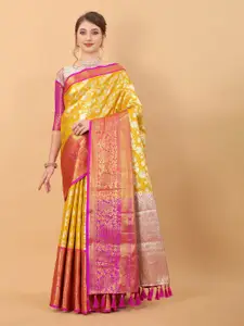 NIWAA Yellow & Pink Floral Zari Pure Silk Banarasi Saree