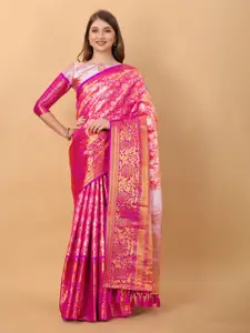 NIWAA Pink & Pink Floral Zari Pure Silk Banarasi Saree