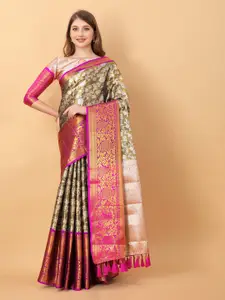 NIWAA Black & Pink Floral Zari Pure Silk Banarasi Saree