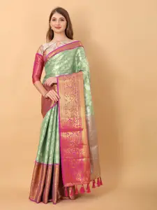 NIWAA Green & Pink Floral Zari Pure Silk Banarasi Saree