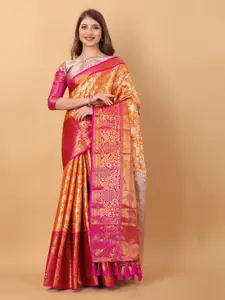 NIWAA Orange & Pink Floral Zari Pure Silk Banarasi Saree