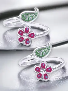 Taraash Sterling Silver Enamel Leaf & Floral Top Openable Toe Ring