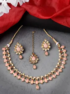 Sukkhi Gold-Plated AD-Studded & Beaded Necklace and Earrings With Maang Tika