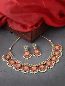 Sukkhi Gold Plated AD Studded & Artificial Beaded Necklace and Earrings Set