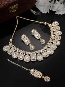 Sukkhi Gold-Plated AD-Studded Necklace and Earrings With Maang Tika