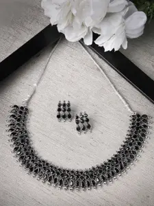 Sukkhi Rhodium Plated AD Studded Oxdised Necklace and Earrings Set