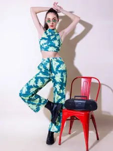 Stylecast X Hersheinbox Green Abstract Printed Halter-Neck Crop Top With Trouser