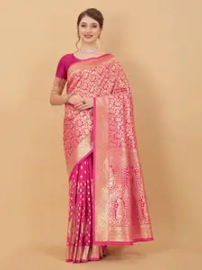 NIWAA Pink & Gold-Toned Paisley Zari Silk Blend Kanjeevaram Saree
