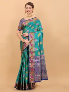 NIWAA Green & Multicoloured Floral Zari Silk Blend Kanjeevaram Saree