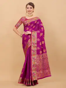 NIWAA Pink & Multicoloured Floral Zari Silk Blend Kanjeevaram Saree