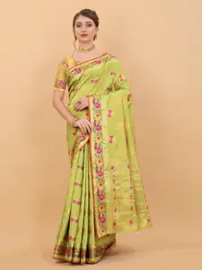 NIWAA Yellow & Multicoloured Floral Zari Silk Blend Kanjeevaram Saree