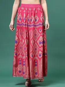 Sangria Pink Ethnic Motifs Printed Gathered Detailed Liva Maxi Flared Skirt