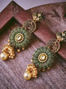 ATIBELLE Gold-Plated Stone-Studded Beaded Contemporary Drop Earrings