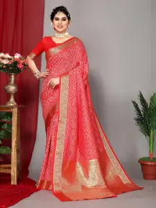 DRESSTIVE Red Zari Silk Blend Banarasi Saree