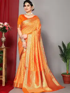 DRESSTIVE Mustard Zari Silk Blend Banarasi Saree